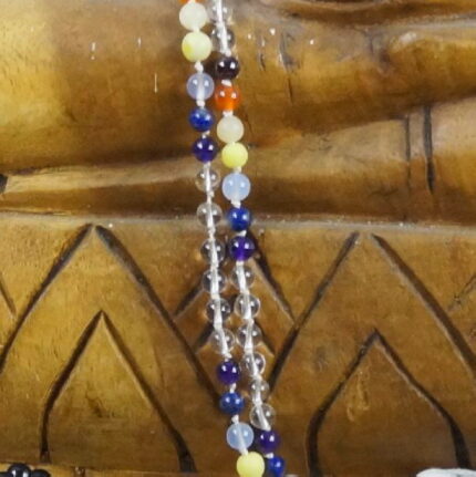Willkommen zur ultimativen Chakra-Mala! Granat, Karneol, Tigerauge, Jade, Chalcedon, Lapis und Amethyst verbinden sich zu einem spirituellen Feuerwerk. Diese Mala wirkt wie ein Chakra-Booster: Granat gibt Erdung, Karneol bringt Lebensfreude, Tigerauge stärkt den Fokus, Jade sät Liebe, Chalcedon fördert klare Kommunikation, Lapis öffnet das dritte Auge, und Amethyst sorgt für spirituelle Erhebung. Trage sie als stilvolles Accessoire oder in Meditationen. Möge dein Chakra-Dance-Party beginnen! 🕉️📿
